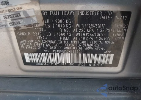 2011 Subaru Outback 2.5I Limited z USA, uszkodzony, nr VIN 4S4BRBKCXB3362111